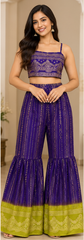 Purple Lime Green Gharara Set with Overcoat, Indian Dola Silk Mica Print 3 Piece Crop Top & Palazzo Pant, Wedding Festive Outfit
