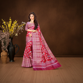 Banarasi Style Red Floral Saree Zari Border - Party Wear Saree