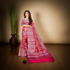 Banarasi Style Red Floral Saree Zari Border - Party Wear Saree