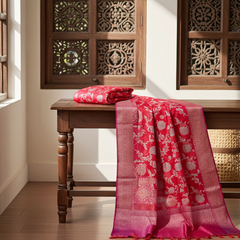 Banarasi Style Red Floral Saree Zari Border - Party Wear Saree