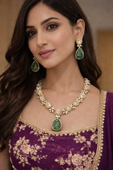 Royal Emerald Teardrop Polki Necklace Set – Luxury Bridal Statement Jewelry