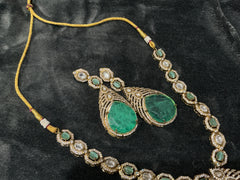 Royal Emerald Teardrop Polki Necklace Set – Luxury Bridal Statement Jewelry