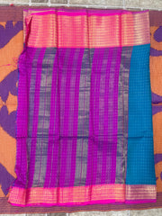 Teal Blue & Magenta Kanjivaram Silk Saree with Gold Zari Border – Traditional South Indian Organza Wedding Saree