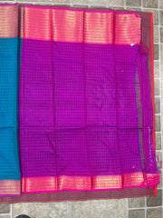 Teal Blue & Magenta Kanjivaram Silk Saree with Gold Zari Border – Traditional South Indian Organza Wedding Saree