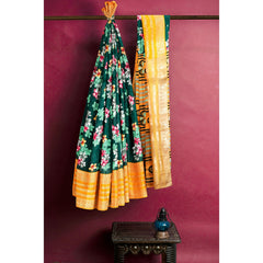 Elegant Dark Green Floral Printed Dola Silk Saree with Zari Border – Festival & Wedding Wear Silk Blend Saree