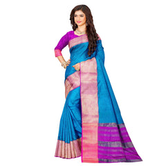 Teal Blue & Magenta Kanjivaram Silk Saree with Gold Zari Border – Traditional South Indian Organza Wedding Saree