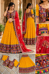 Yellow Bandhani Print Chaniya Choli, Red Mirror-Work Dupatta, 3 Piece Navratri Garba Festive Set