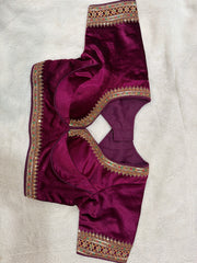 Readymade Stretchable Saree Blouse - Purple/Wine with Gold Border, Size 36-40