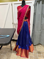 Royal Blue Lehenga Choli / Langa Voni, Red Blouse & Pink Embroidered Dupatta, 3 Piece South Indian Half Saree Set