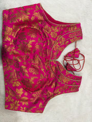 Readymade Stretchable Saree Blouse - Pink/Magenta Brocade Gold Floral, Size 36-40
