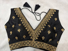 Readymade Stretchable Saree Blouse - Black with Gold Motif and Border, Size 36-40
