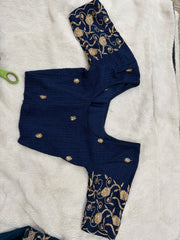 Readymade Stretchable Saree Blouse - Navy with Gold Paisley Embroidered Sleeves, Size 36-40