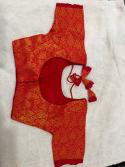 Readymade Stretchable Saree Blouse - Red/Orange Brocade Gold Motif, Size 36-40