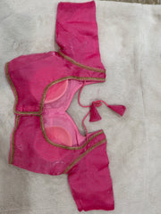 Readymade Stretchable Saree Blouse - Pink with Gold Trim, Size 36-40