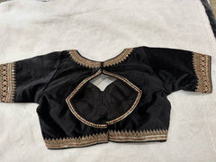 Readymade Stretchable Saree Blouse - Black with Gold Border, Size 36-40