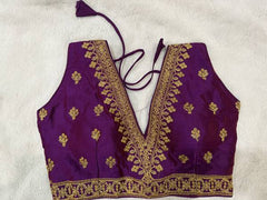 Readymade Stretchable Saree Blouse - Purple/Magenta with Gold Border, Size 36-40