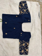 Readymade Stretchable Saree Blouse - Navy with Gold Paisley Embroidered Sleeves, Size 36-40