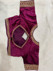 Readymade Stretchable Saree Blouse - Purple/Wine with Gold Border, Size 36-40