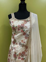 Off-White Brocade Sharara Set - 3-Piece Indian Floral Embroidered Outfit with Dupatta