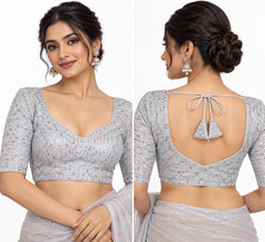 Silver Banarasi Saree Blouse - Sequin Diamond Embroidered Tie-Back Top (Bust 38-42)