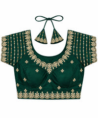 Green Satin Silk Saree Blouse - Kundan Pearl Embroidered Tie-Back Top (Bust 38-42)
