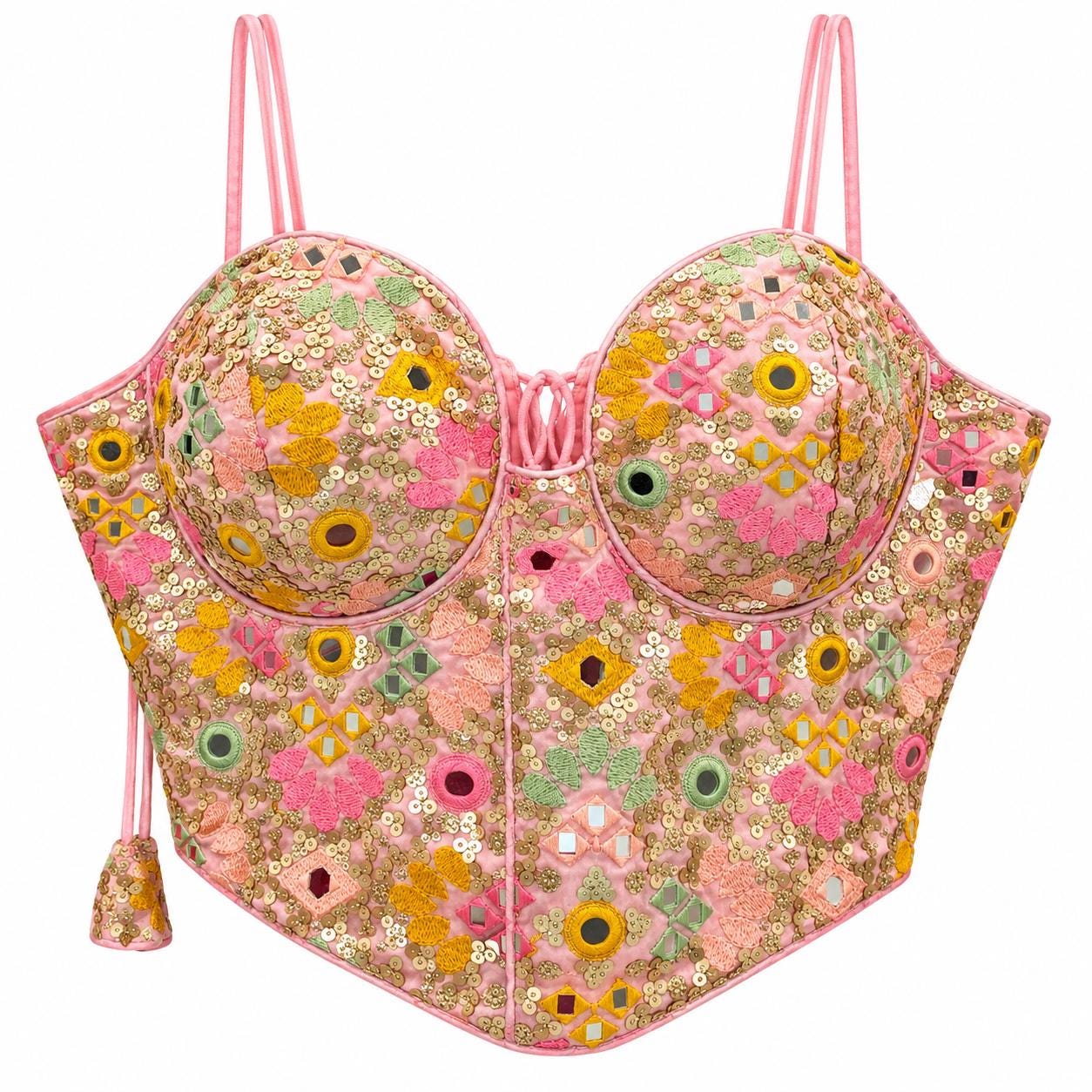 Baby Pink Crop Top - Savyasachi Style Mirror Work Sequin Embroidered Blouse (Bust 36-40)