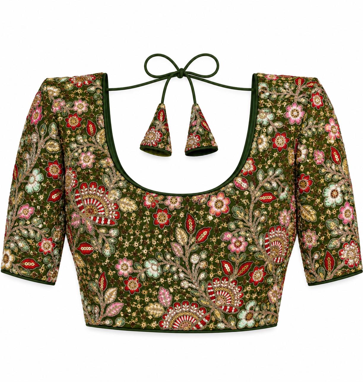 Olive Green Saree Blouse - Savyasachi Style Floral Embroidered Tie-Back Top (Bust 38-42)