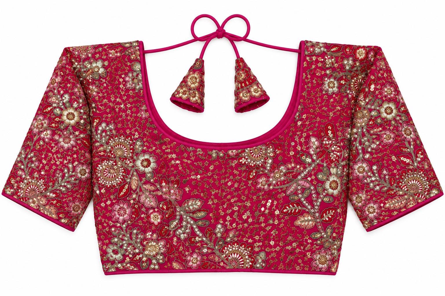 Rani Pink Saree Blouse - Savyasachi Style Floral Embroidered Tie-Back Top (Bust 38-42)