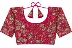Rani Pink Saree Blouse - Savyasachi Style Floral Embroidered Tie-Back Top (Bust 38-42)