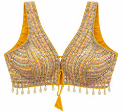 Mustard Yellow Beaded Crop Top - Indian Designer Blouse with Stone Embroidery, V-Neck (Bust 36-40)