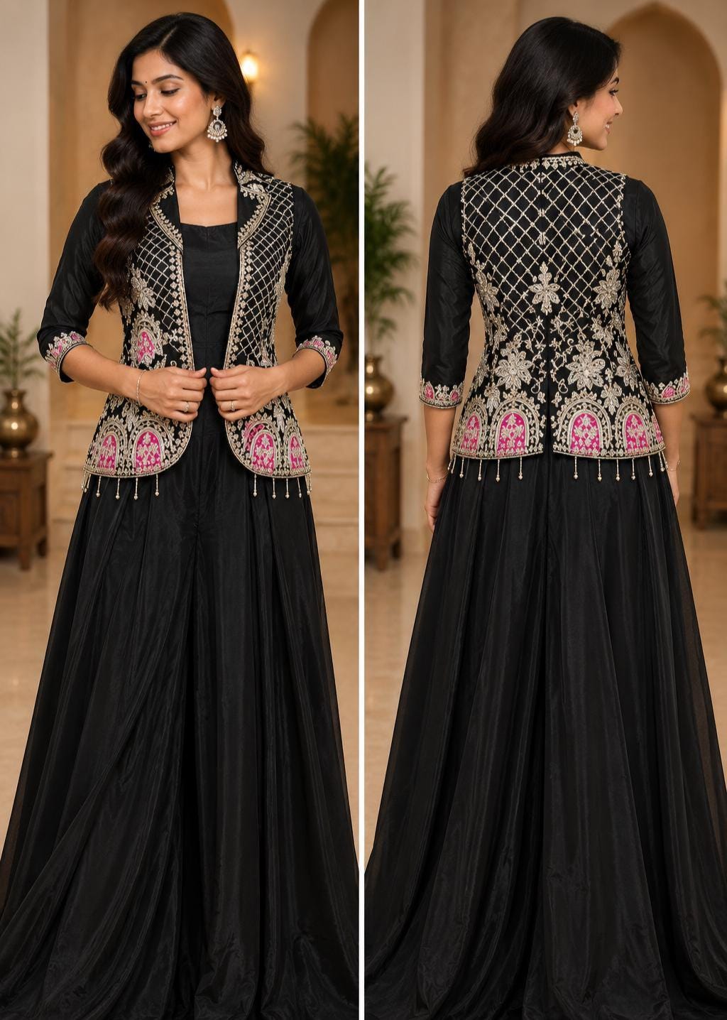 Black 3-Piece Sharara Set - Indian Embroidered Long-Sleeve Coat Outfit