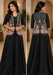 Black 3-Piece Sharara Set - Indian Embroidered Long-Sleeve Coat Outfit