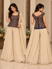 Navy Blue Mirror Work Peplum Top - 3-Piece Indian Sharara Palazzo Set with Dupatta