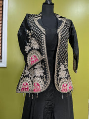Black 3-Piece Sharara Set - Indian Embroidered Long-Sleeve Coat Outfit