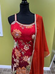 Red Maroon Ombre Sharara Set - 3-Piece Indian Floral Outfit with Rust Orange Dupatta