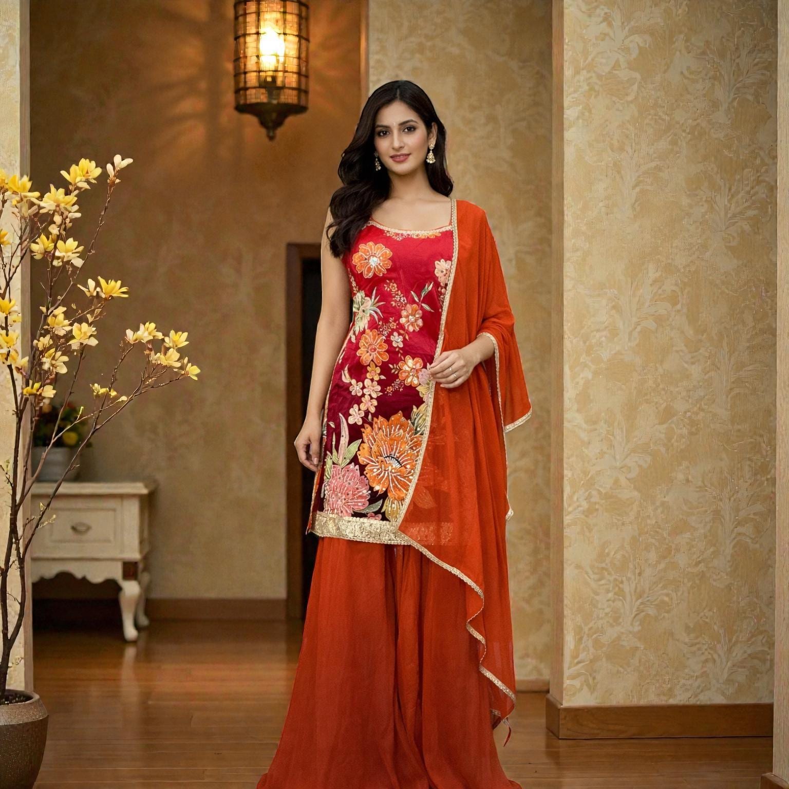 Red Maroon Ombre Sharara Set - 3-Piece Indian Floral Outfit with Rust Orange Dupatta