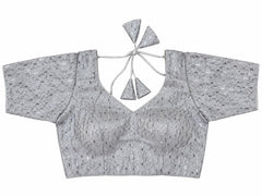 Silver Banarasi Saree Blouse - Sequin Diamond Embroidered Tie-Back Top (Bust 38-42)