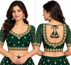 Green Satin Silk Saree Blouse - Kundan Pearl Embroidered Tie-Back Top (Bust 38-42)