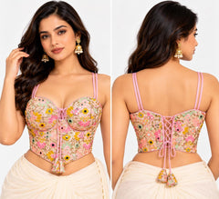 Baby Pink Crop Top - Savyasachi Style Mirror Work Sequin Embroidered Blouse (Bust 36-40)