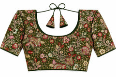 Olive Green Saree Blouse - Savyasachi Style Floral Embroidered Tie-Back Top (Bust 38-42)