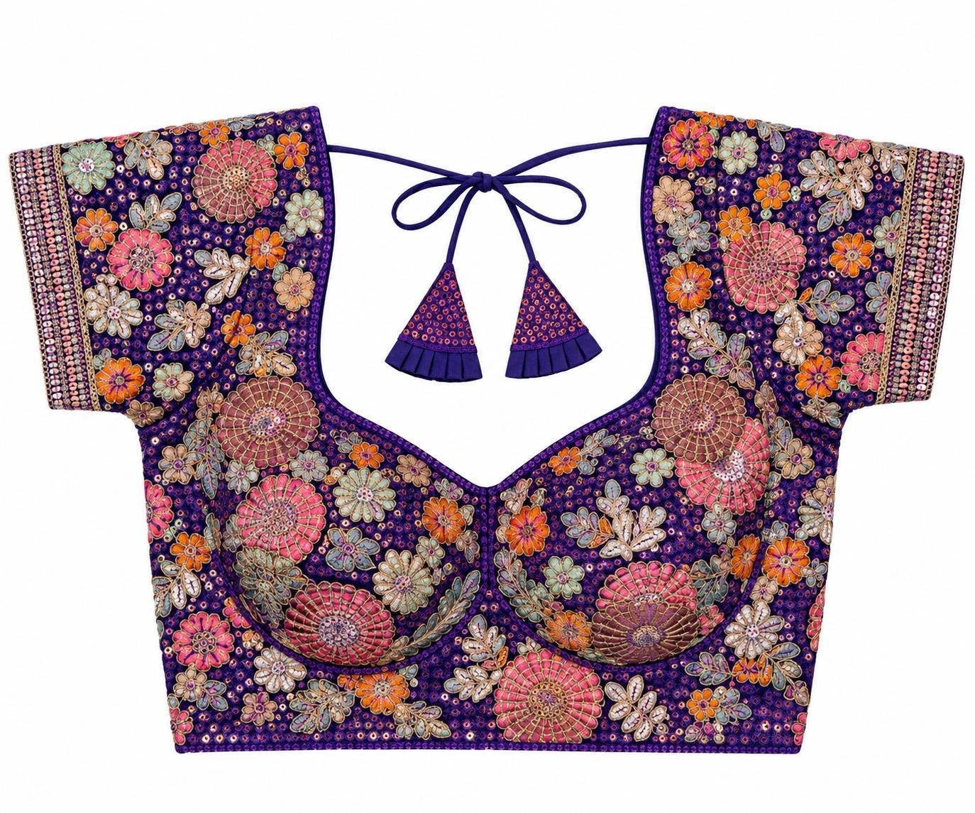 Deep Purple Saree Blouse - Savyasachi Style Floral Embroidered Tie-Back Top (Bust 38-42)