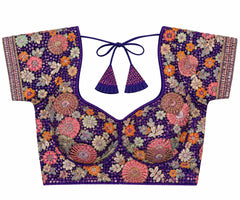 Deep Purple Saree Blouse - Savyasachi Style Floral Embroidered Tie-Back Top (Bust 38-42)