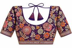 Deep Purple Saree Blouse - Savyasachi Style Floral Embroidered Tie-Back Top (Bust 38-42)