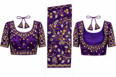 Deep Purple Saree Blouse - Savyasachi Style Vine Embroidered Scoop Neck Top (Bust 38-42)