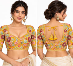 Mustard Yellow Saree Blouse - Savyasachi Style Floral Embroidered Tie-Back Top (Bust 38-42)