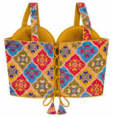 Mustard Yellow Halter Crop Top - Savyasachi Style Indian Blouse with Moroccan Tile Print (Bust 36-40)