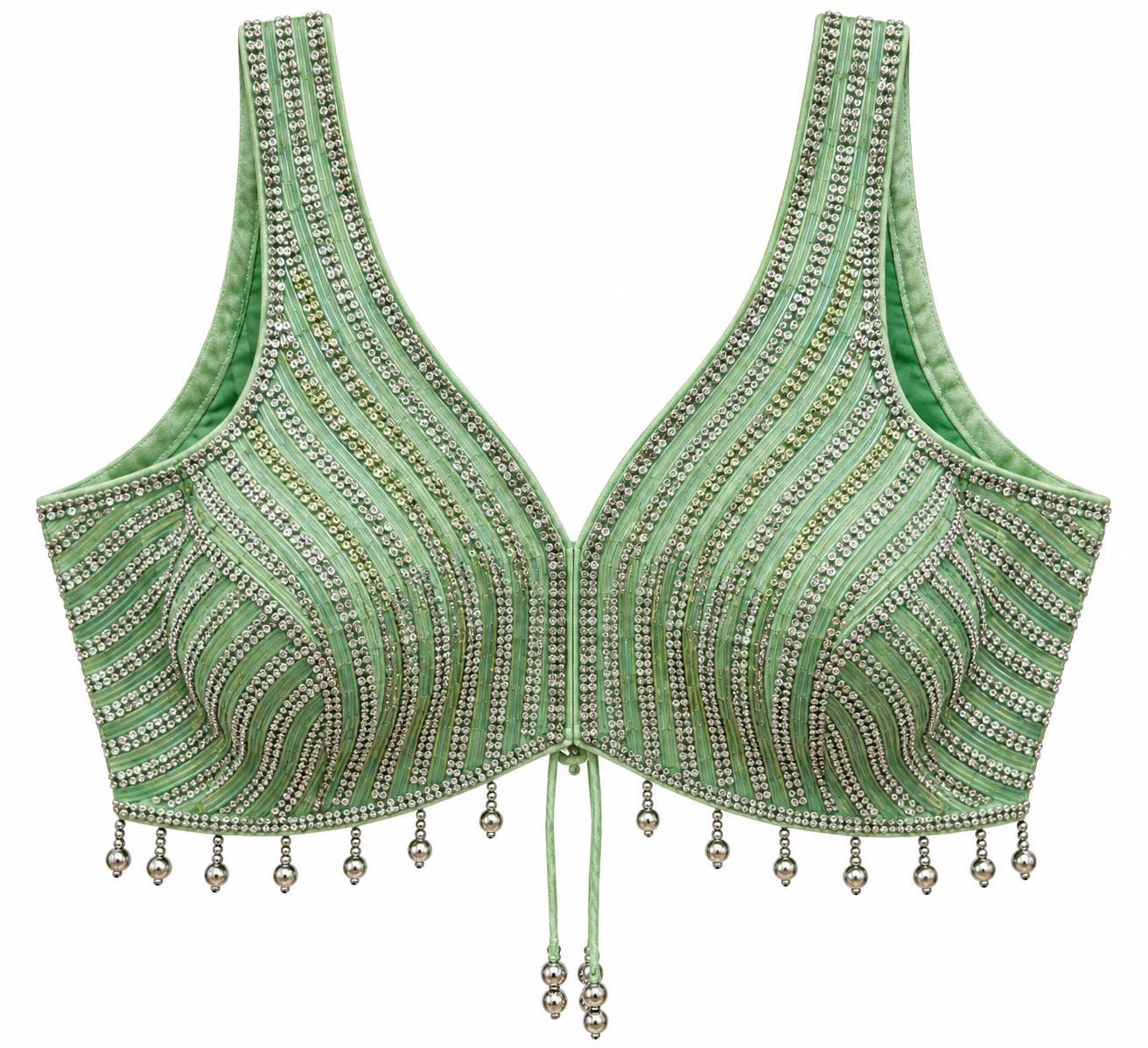 Pastel Green Beaded Crop Top - Indian Designer Blouse with Stone Embroidery, V-Neck (Bust 36-40)