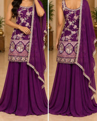 Purple Brocade Sharara Set - 3-Piece Indian Floral Embroidered Outfit with Dupatta