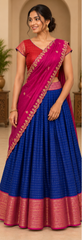 Royal Blue Lehenga Choli / Langa Voni, Red Blouse & Pink Embroidered Dupatta, 3 Piece South Indian Half Saree Set