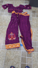 Wine Color Chaniya Choli, Peacock Embroidery, Mustard Bandhani Dupatta, 3 Piece Festive Set